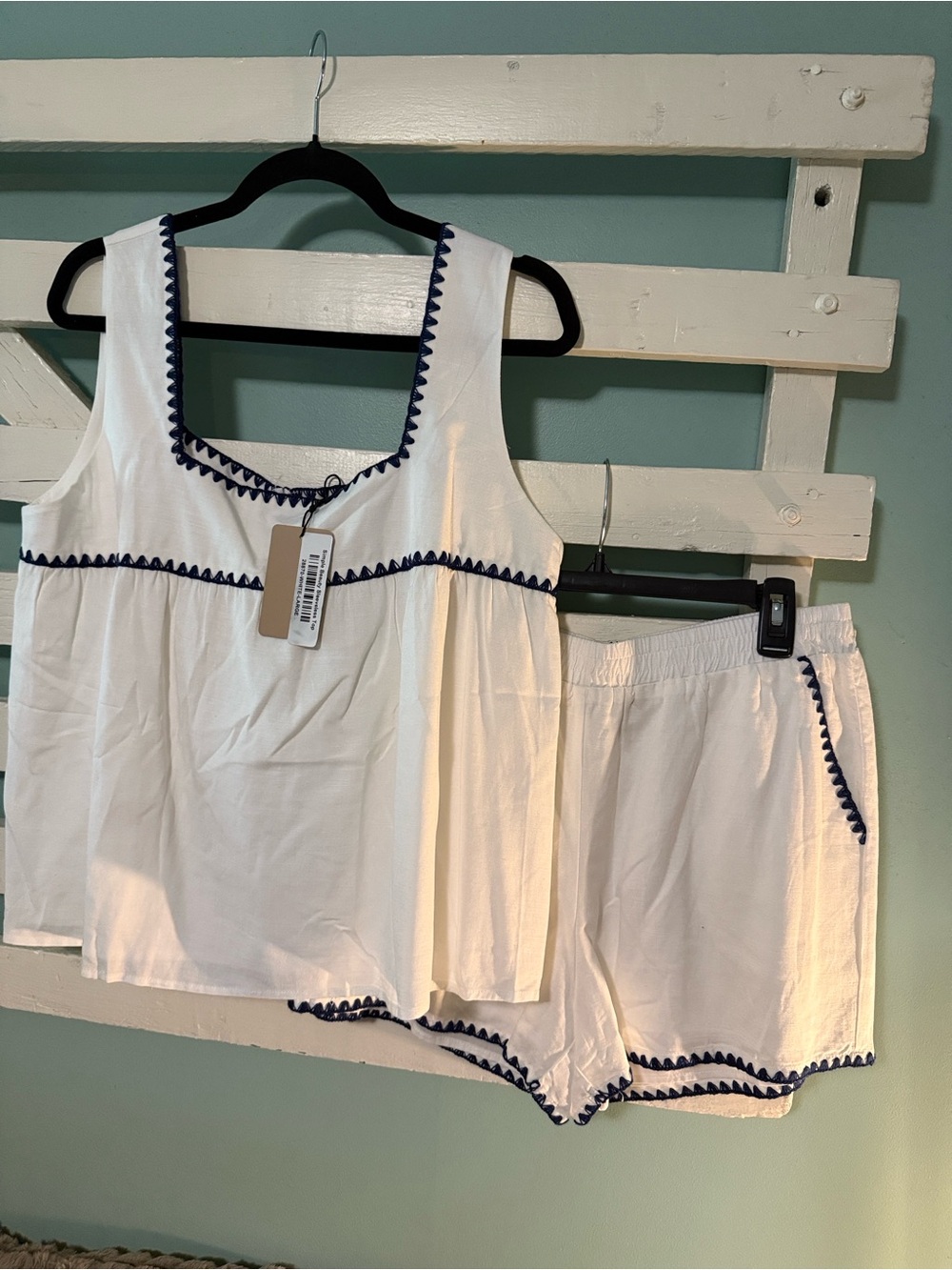 Sunday Edition White + Navy Stitch Detail Top and Short Set - Picture 3 of 3